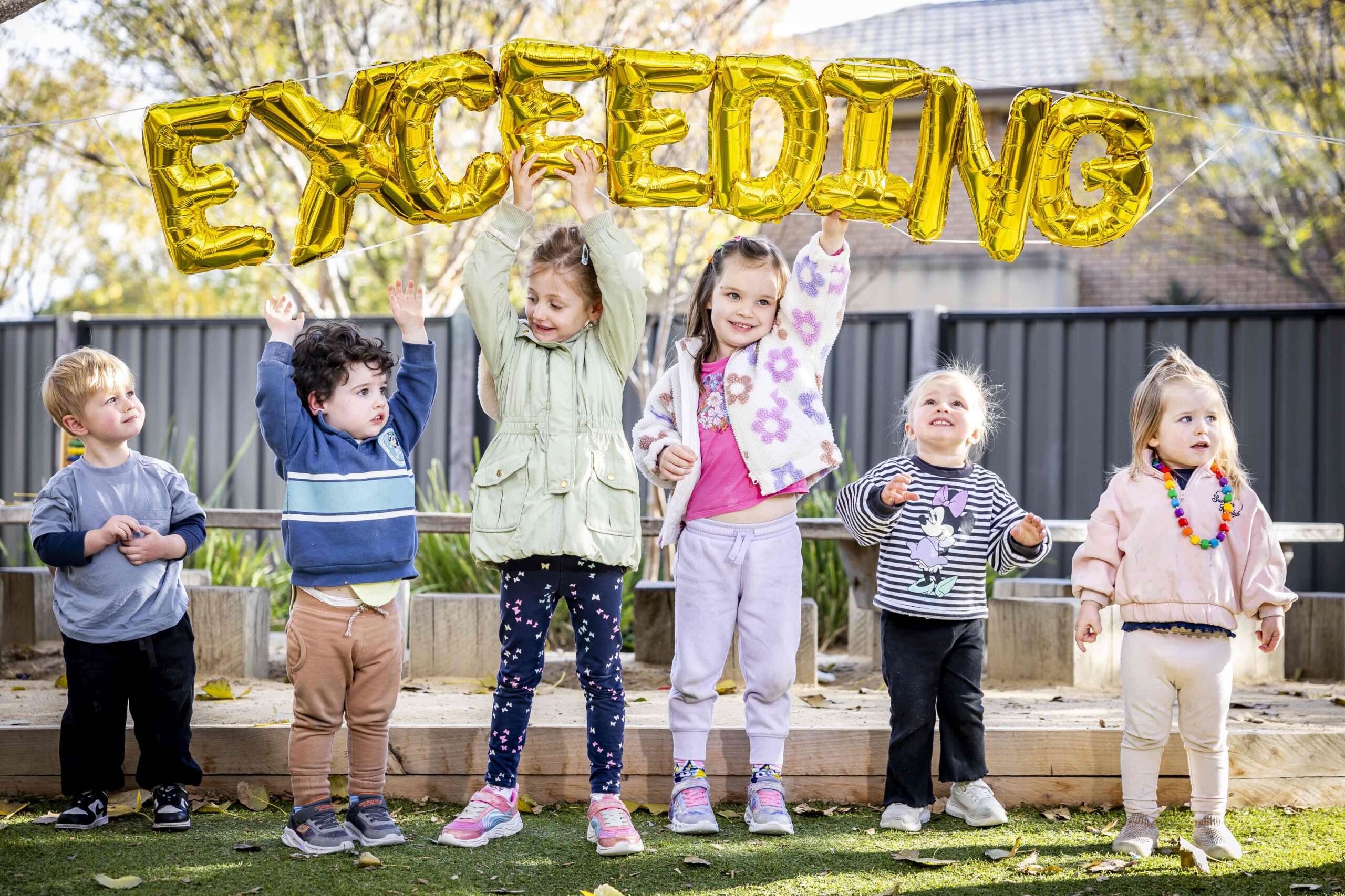 Childcare Ratings Case Study - Weekend Story Papilio Early Learning, Point Cook has been "Exceeding" according to National Quality Standards. (L-R) Luca (2), Ollie (2), Ella (5), Evie (5), Gracie (2) and Sadie (2). Picture: Jake Nowakowski